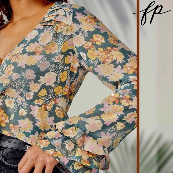 FREE PEOPLE Maybel Tie-Front Ruffled Blouse (Green/Pink) - Picture 3 of 14